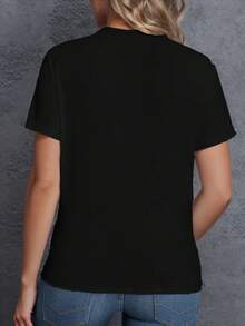 SHEIN LUNE Dandelion Print Short Sleeve T-Shirt - Black - View 2