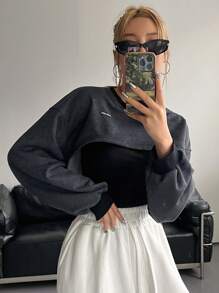 DAZY 超短版寬鬆圓領長袖女式毛邊下擺字母刺繡上衣 - 深灰色 - 查看 6