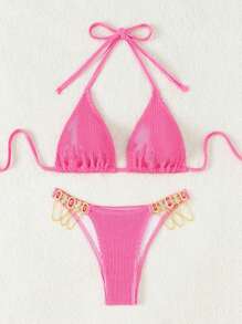 SHEIN Swim Conjunto bikini de playa de verano con copa triangular, parte superior con cuello halter y decoración de estrás, Bottom de corte alto - Rosa - Ver 6
