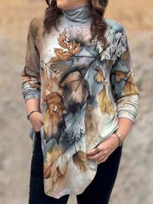 EMERY ROSE 大碼樹葉印花高領不對稱下擺T恤 - 彩色 - 查看 2