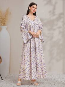 Al Najma 女式 V 领开袖阿拉伯休闲连衣裙，全长 Jalabiya，休闲连衣裙，端庄 - 彩色 - 查看 1