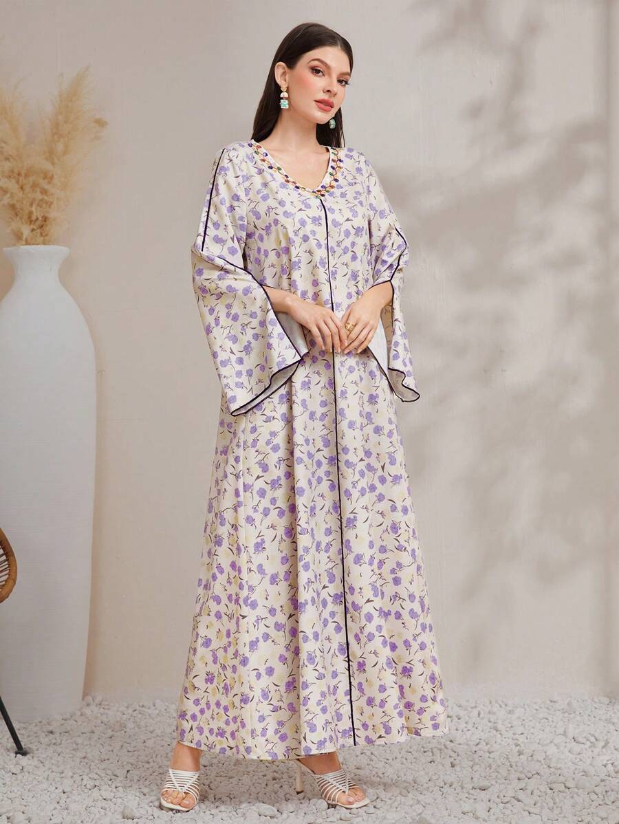 Al Najma 女式 V 领开袖阿拉伯休闲连衣裙，全长 Jalabiya，休闲连衣裙，端庄 - 彩色 - 查看 1