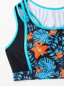 Swim SPRTY Bãi biển mùa hè Nhiệt đới in màu khối trang trí vest phong cách Tankini Set - Nhiều màu - Xem 4
