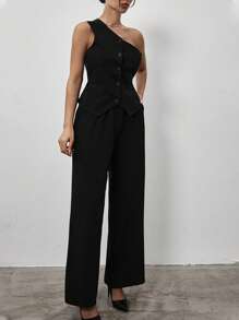 EURMUSE Damen Einteiliges Schulterfrei Anzugweste Und Hose Set - Schwarz - Übersicht 4
