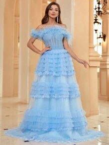 SHEIN Belle 荷葉邊下擺和蕾絲細節露肩網狀多層蛋糕女式晚禮服（重型款式） - 藍色 - 查看 6