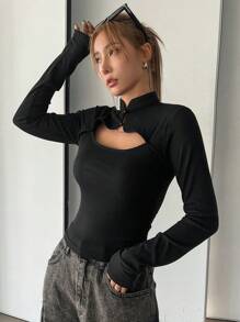 DAZY Women's Cheongsam Collar Hollow Out Slim Fit Long Sleeve T-Shirt,Back To School Clothes