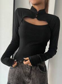 DAZY Women's Cheongsam Collar Hollow Out Slim Fit Long Sleeve T-Shirt,Back To School Clothes