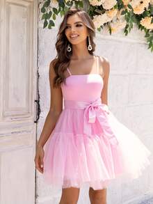 Joyfunear Women Tulle Hem Spaghetti Strap Dress - Baby Pink - View 3