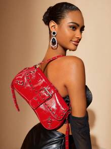 SHEIN X Lucía Bellido SHEIN SXY Ladies, Women Shoulder Bag, Hobo Bag, Fashionable, Personalized, Versatile, Cool, Street, Rivet, Tassels, Teenagers, Halloween, Christmas, Valentine's Day, Halloween Bags Perfect For Fancy Party Matching With Halloween Costumes, Best Christmas Gifts Ever - Red - View 6