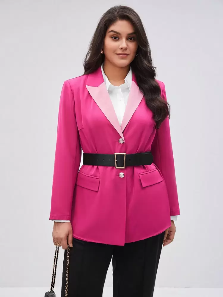 Plus Size Color Block Notched Lapel Single Breasted Casual Blazer Without Belt