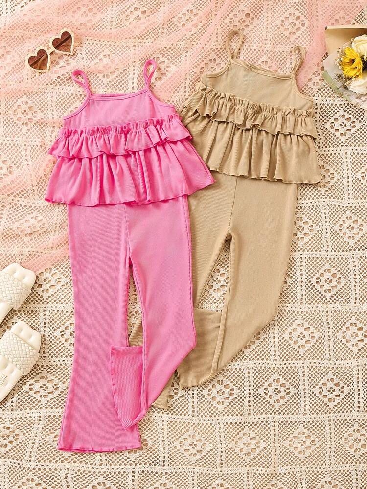 Little Girls' Simple Urban Style Leisure Ruffle Cami Flare Jumpsuit