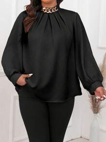 Celure Camisa De Manga Larga De Diseño Con Pliegues Para Mujer De Talla Grande - Negro - Ver 7