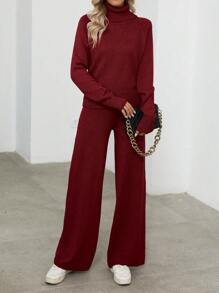 SHEIN LUNE Của phụ nữ Giải trí Cổ cao Áo len Và Quần ống rộng Bộ - Màu Đỏ Sâu - Xem 4