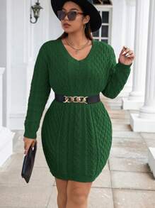 Calvaya Plus Size V-Neck Long Sleeve Cable Knit Sweater Dress (Belt Not Included) - Dark Green - View 3