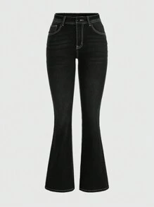 ROMWE Goth Women's Embroidered Jeans With Bell Bottoms And Cross Design, School - Black - View 2