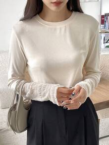 DAZY Ren Vá lại Tay áo dài Áo thun - Màu be - Xem 3