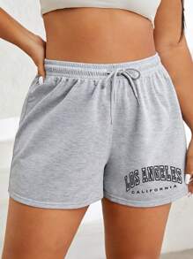 INAWLY Plus Letter Graphic Drawstring Waist Shorts