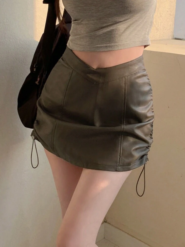 Women's Slim Fit Short Drawstring Skirt Leather Skirt