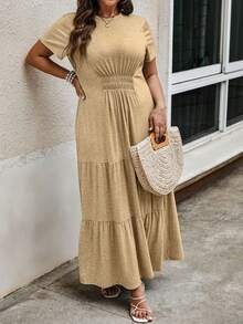 SHEIN LUNE 女款大尺碼純色荷葉邊下擺連身裙 - 卡其色 - 查看 4