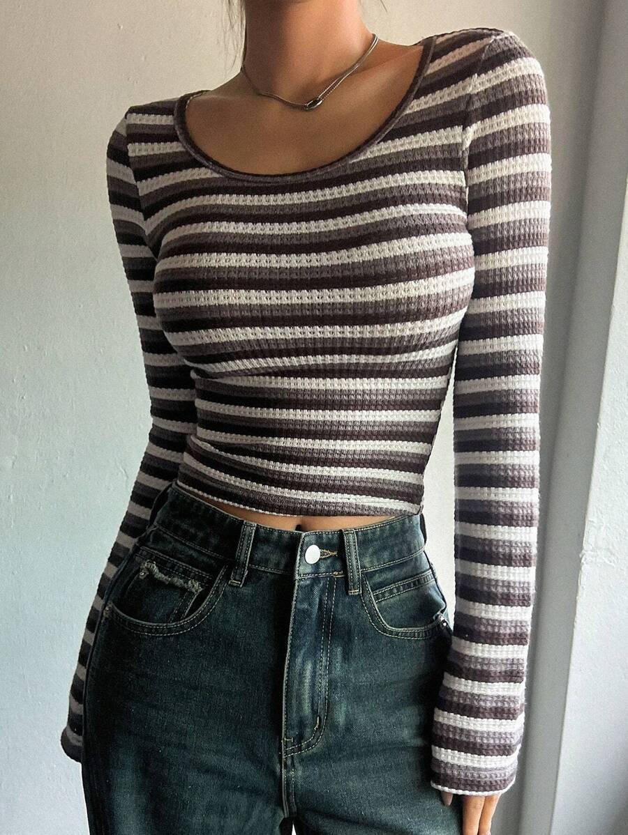 DAZY Women's Striped Long Sleeve T-Shirt - Brown - View 1