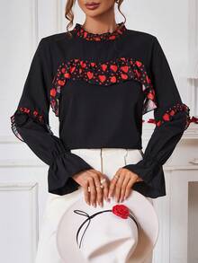 SHEIN Clasi 女士心形印花拼接長袖襯衫 - 黑色 - 查看 3