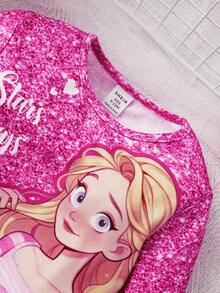 SHEIN Baby Girl Cute Cartoon Princess & Cat Imitation Sequin Pattern Long Sleeve Top - Pink - View 4