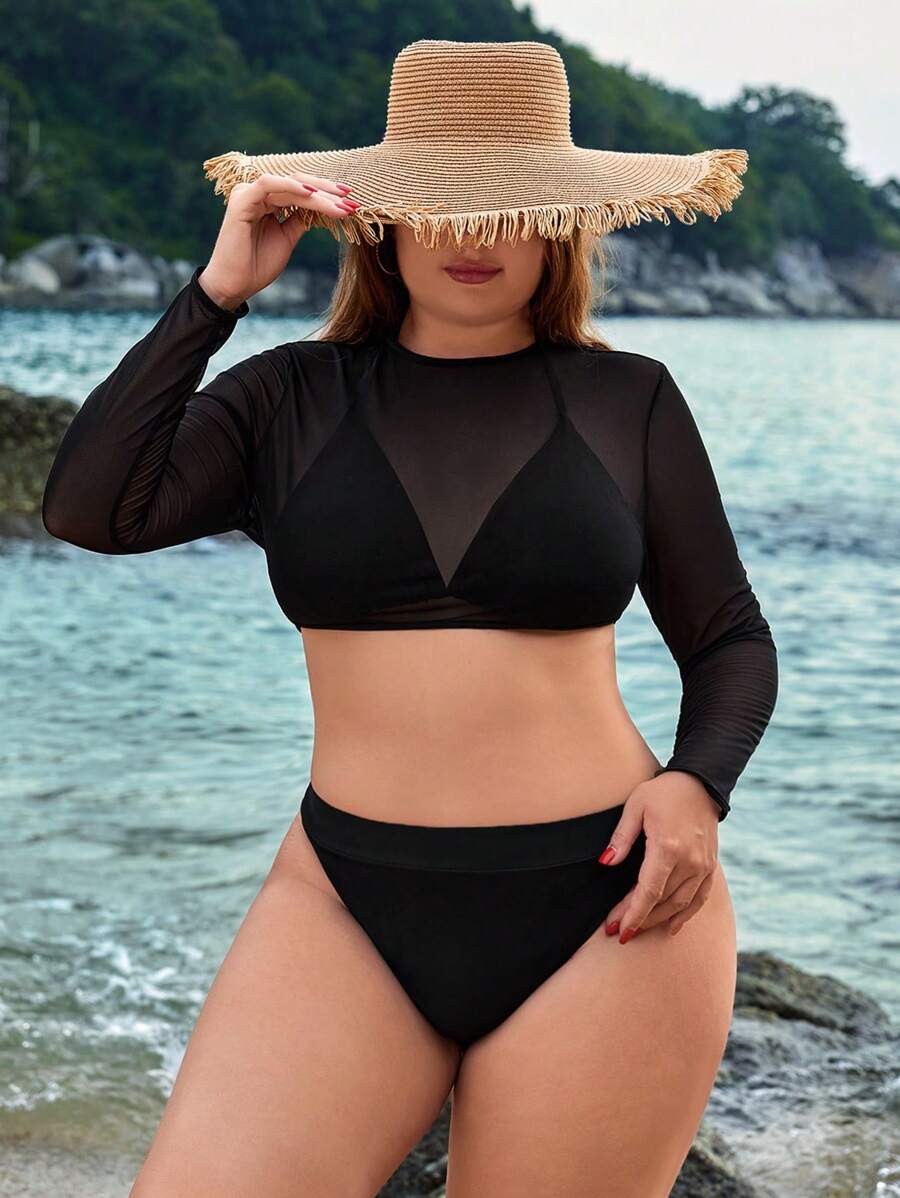 SHEIN Swim Curve Plus Size Solid Color Burkini Set With Mesh Cover Up Top - Black - View 1