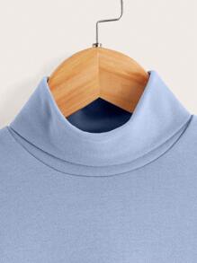 SHEIN Girls' Casual Comfortable Solid Colored Hight Collar T-Shirt - Blue - View 7