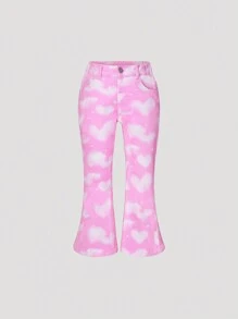 小女孩的心形和雲形印花喇叭牛仔褲,無彈力 - 粉色 - 查看 1