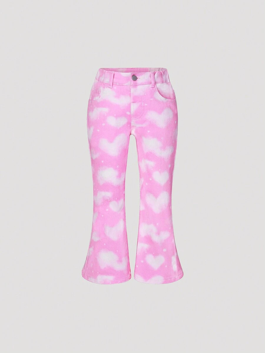 小女孩的心形和雲形印花喇叭牛仔褲,無彈力 - 粉色 - 查看 1