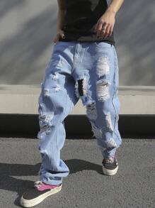 Manfinity Roghcode Jeans Casuales Sueltos Para Hombre, Rasgados - Lavado ligero - Ver 6