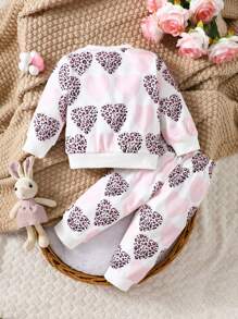 寶寶女孩豹紋愛心印花圓領運動衫和長褲套裝 - 淺粉色 - 查看 2