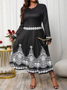 SHEIN Clasi 大尺碼長袖印花裙 - 黑色 - 查看 5