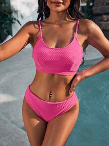 SHEIN Swim Summer Women'S Solid Color Jacquard Bikini Set With Triangle Bottom And Top - Multicolor - View 6