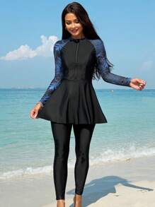 Swim Mulvari Summer Beach Women's Plant Print Raglan Long Sleeve Jumpsuit & Long Pants Swimsuit Set