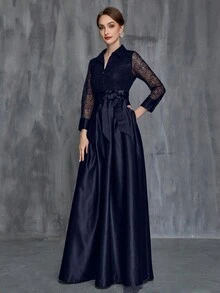 Đầm dài tay ren cổ sơ mi nữ, thắt lưng satin, thanh lịch cho mẹ cô dâu - Màu xanh hải quân - Xem 4