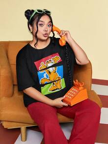 GARFIELD | SHEIN Plus Cartoon Print Drop Shoulder T-Shirt - Black - View 8