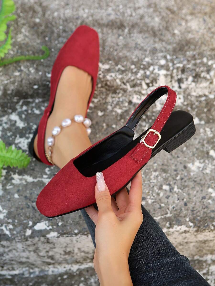 春季新款優雅紅色絨面平底鞋,中空設計和後跟帶,適用於派對或宴會 - 紅色 - 查看 1