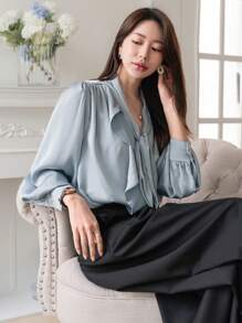 DAZY Blouse à col lavallière et volants pour femmes, Top à manches longues pour l'automne - Bleu azur - Voir 4