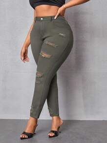 SHEIN SXY Kích thước lớn Của phụ nữ Quần jean Distressed - xanh quân đội - Xem 6