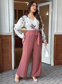 SHEIN Clasi Kích thước lớn In hoa Bọc Đường viền cổ áo Thắt lưng Áo liền quần Với Tay áo đèn lồng - Hồng - Xem 3