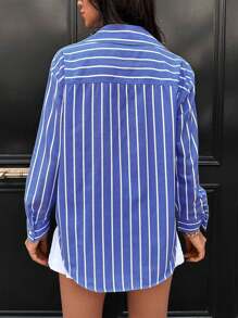 SHEIN Cottnline Striped Print Button Through Drop Shoulder Shirt - Blue - View 2