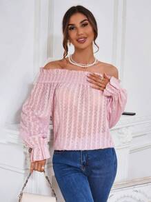 SHEIN LUNE 女士泡紋露肩上衣,配褶邊飾邊長袖 - 粉色 - 查看 5