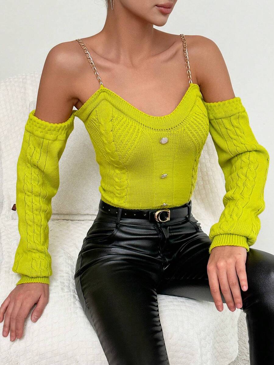 EURMUSE Women's Off-Shoulder Sweater With Chain Straps - Lime Green - View 1