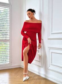 SHEIN Privé 優雅女士紅色露肩洋裝,為新年慶祝活動量身打造 - 紅色 - 查看 6