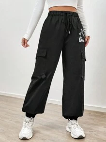 SHEIN Unity 星號字母印花束口腰休閒運動長褲,帶彈性束口 - 黑色 - 查看 1