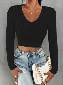 Chiquease Long Sleeve Cropped Pullover Sweater - Black - View 3