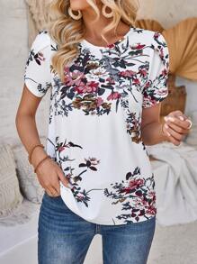 EMERY ROSE Quý cô In hoa Vòng cổ Áo thun - trắng - Xem 3