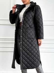 EURMUSE Dual Pocket Split Hem High Neck Quilted Coat - Black - View 5