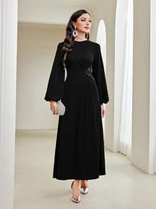 Modelyn Modest Long Lantern Sleeve Rhinestone Decoration Dress Long Evening Dresses